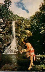 Hawaii Waterfall With Beautiful Native Girl