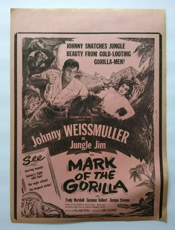 Jungle Jim Mark Of The Gorilla Johnny Weissmuller Movie Poster 1951 Original