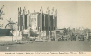 Chicago Century of Progress Travel & Transpo Bldg, Old Cars Childs B&W Postcard