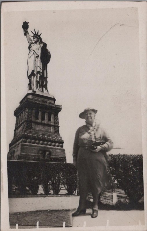 RPPC Postcard Statue of Liberty Woman Standing Next to It C. 1930s