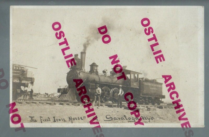 Saratoga WYOMING RPPC 1907 FIRST TRAIN Railroad LOCOMOTIVE nr Walcott Rawlins WY 