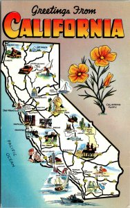 Vtg 1950s Greetings from California State Map Card Highways Towns Postcard