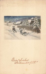 Fröhliche Weihnachtenfest-Merry Christmas-Children Sledding-1910s POSTCARD