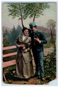 1910 Soldier Couple Romance Pink Rose Flower Latvia Posted Antique Postcard 