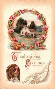 Vintage Postcard 1910's Thanksgiving Greetings Turkey Farm Produce Vegetables