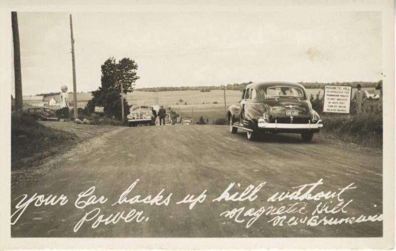 Magnetic Hill ~ Moncton NB New Brunswick ~ Car Backs Up Hill RPPC Postcard