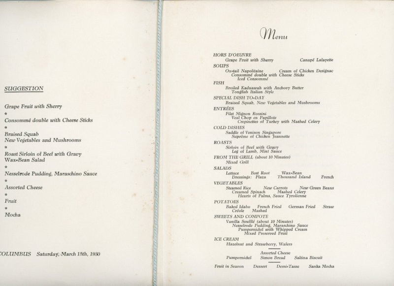 1930 S.S. Columbus Hand Colored Dinner Menu w/ Music Program #8B