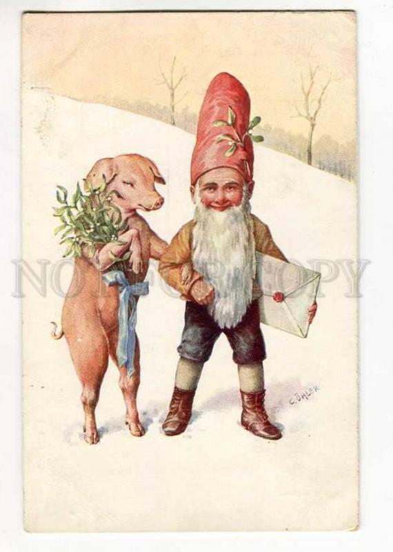 264889 New Year GNOME Dwarf & Dancing PIG by OHLER vintage PC