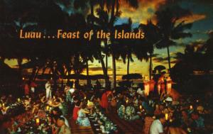 Luau Feast Of The Islands Queen's Surf Waikiki Hawaii HI Hawaiian Postcard D10c