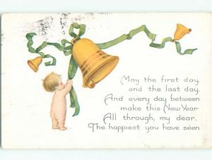 Pre-Linen new year CHILD BRINGS GOLDEN BELL WITH GREEN RIBBON k5134
