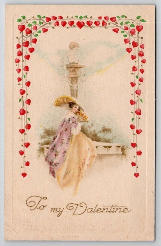 Valentine Greeting Pretty Lady Cherub on Column Hearts Border Postcard C29