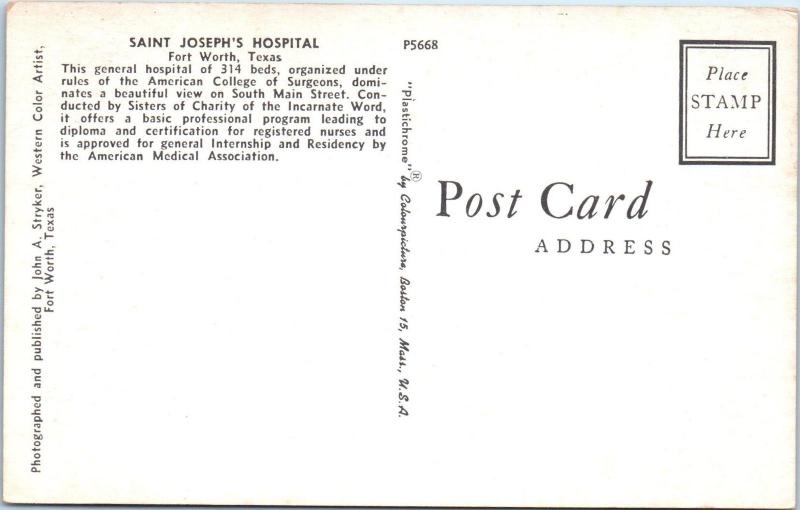 FORT WORTH, TX Texas   SAINT JOSEPH'S HOSPITAL  Cool 40s, 50s Cars  Postcard