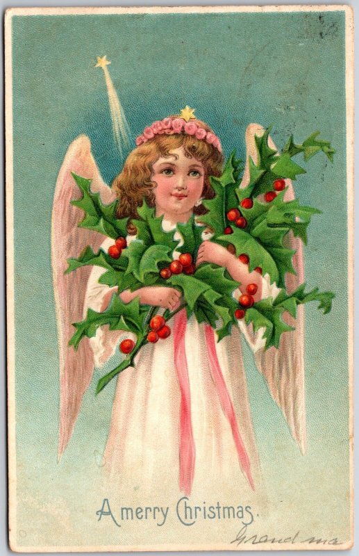 A Merry Christmas Holy Angel Holding Holy Leaf, Greetings, Vintage Postcard