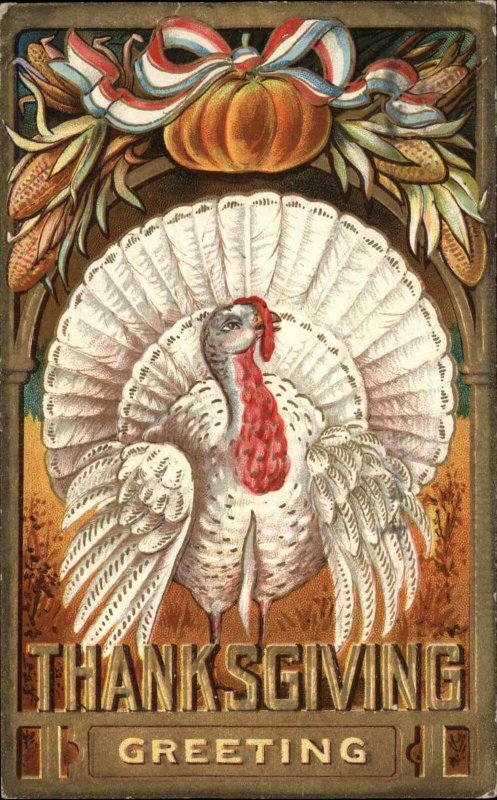 THANKSGIVING Turkey and Pumpkin EMBOSSED c1910 Postcard 