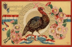Thanksgiving Turkey Flowers American Red White and Blue Ribbon c1910 PC