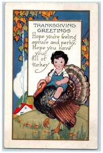 1926 Thanksgiving Greetings Boy On Top Of Turkey House Chimney Embossed Postcard 