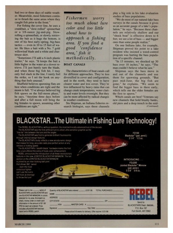 c1988 Rebel Fishing Lure Black Star Print Ad Old Fishing Lure