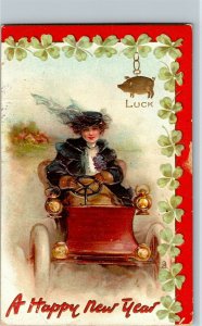 Happy New Year Woman Driving Car Tucks 139 Embossed c1908 Vintage Postcard A18