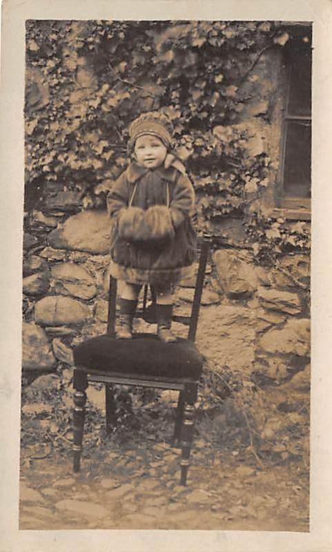 Young child standing on chair Xmas 1920 Child, People Photo Writing on back 