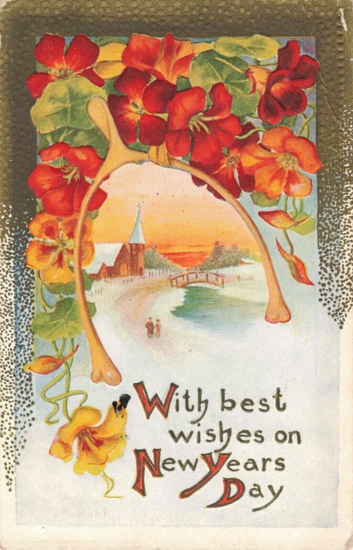circa 1909 Embossed New Years Walk Bridge Farm Winter Postcard 2T7-121 