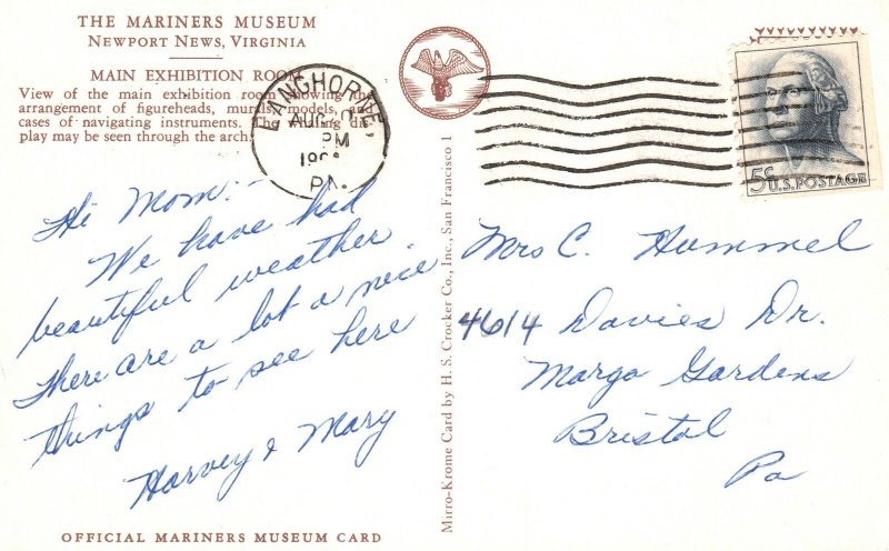 Postcard The Mariner's Museum Main Exhibition Room Murals Newport News Virginia