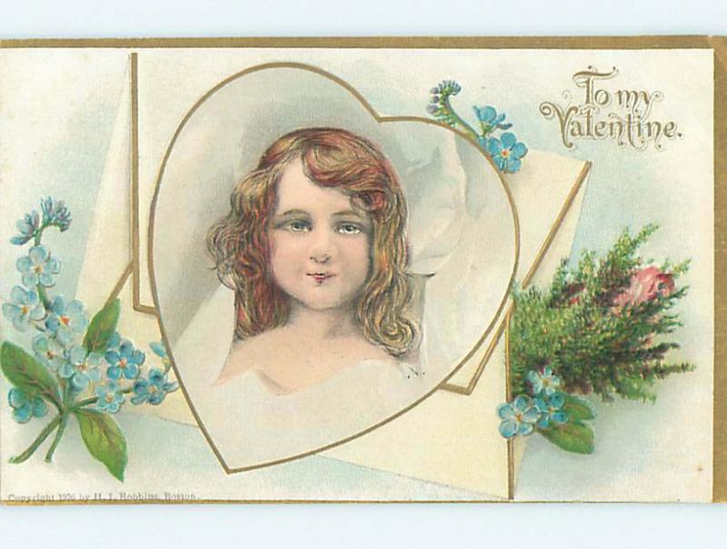 Pre-Linen valentine PRETTY GIRL POKES HEAD THROUGH LARGE HEART HJ2276