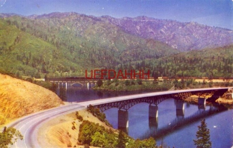 AUTO AND RAIL BRIDGES OVER CANYON OF PIT RIVER, NOW SHASTA LAKE, CALIFORNIA