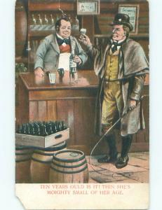 Pre-Linen IRISH MEN HOLDING BULLWHIP DRINKING WHISKEY AT BAR W7245