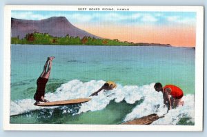 Honolulu Hawaii Postcard Surf Board Riding Beach Exterior c1940 Vintage Antique