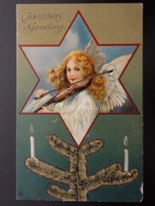 LOVING CHRISTMAS WISHES ANGEL & VIOLIN Embossed c1905 Postcard Raphael Tuck 8264