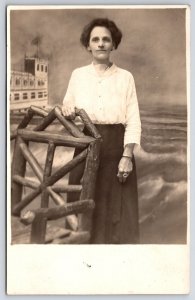 Photograph Middle Aged Woman White Long Sleeve Black Skirt Postcard