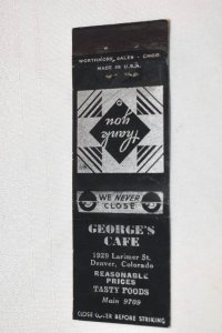 George's Cafe Denver Colorado Blue 20 Front Strike Matchbook Cover