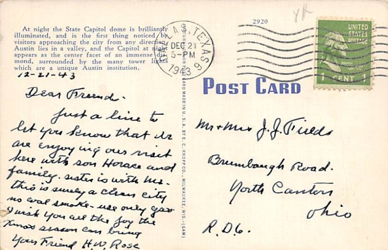 State Capitol At Night - Austin, Texas TX Postcard