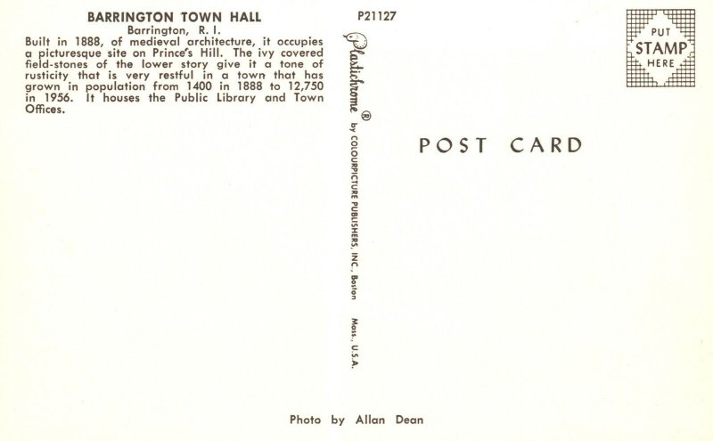 Vintage Postcard Barrington Town Hall Medieval Architecture Rhode Island R.I.