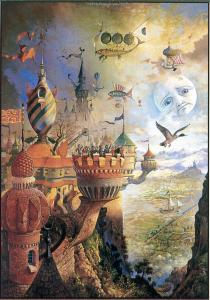 FANTASY WORLD by Patrick Woodroffe Moon Castle airship Russian postcard