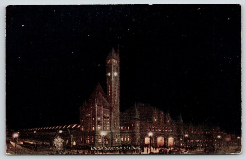 St Louis Missouri~Union Station~Night Scene~Vo Hammon~Clocktower~c1910 Postcard 