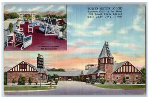 Salt Like City Utah Postcard Tower Motor Lodge Supreme Court State Street c1940
