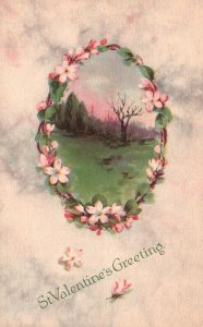 Vintage Postcard St. Valentine's Greetings Day Forest Greenfield Trees Flowers