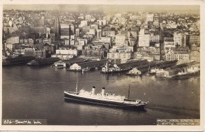 RPPC Seattle WA, Aerial View, Ship Entering Harbor 1930-50 Waterfront Real Photo