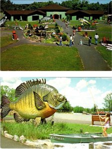 2~Postcards HAYWARD, WI Wisconsin NATIONAL FISHING HALL OF FAME Fish Statue/Kids