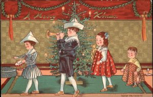 Christmas Children Play Musical Instruments Gilt Embossed c1900s-20s Postcard
