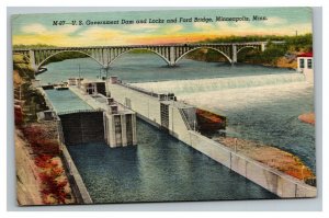 Vintage 1955 Postcard US Government Dam & Locks Ford Bridge Minneapolis MN