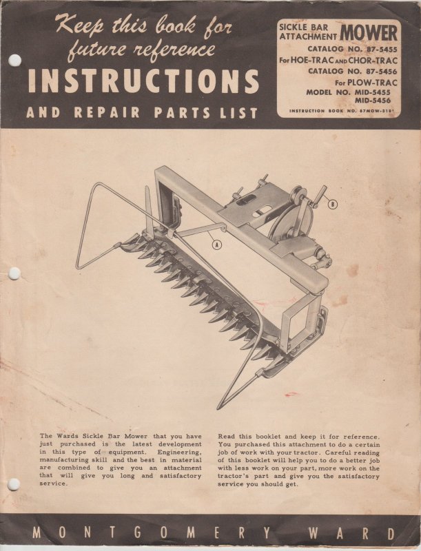 Ward's Sickle Bar Mower Attachment Instructions & Parts List Hoe Plow Chor Trac