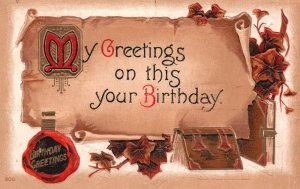 Vintage Postcard 1910's My Greetings on Your Birthday Books Ivy Leaves Brown 