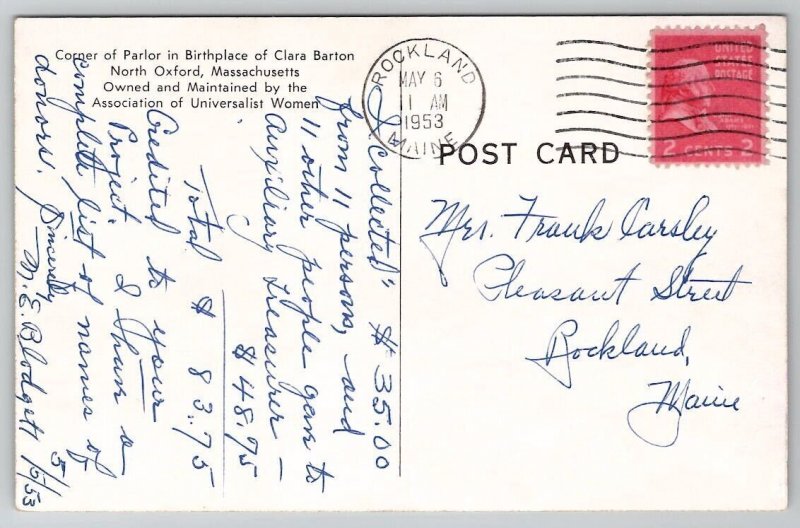 North Oxford Massachusetts Clara Barton Parlor 1953 Rockland ME Postcard C28