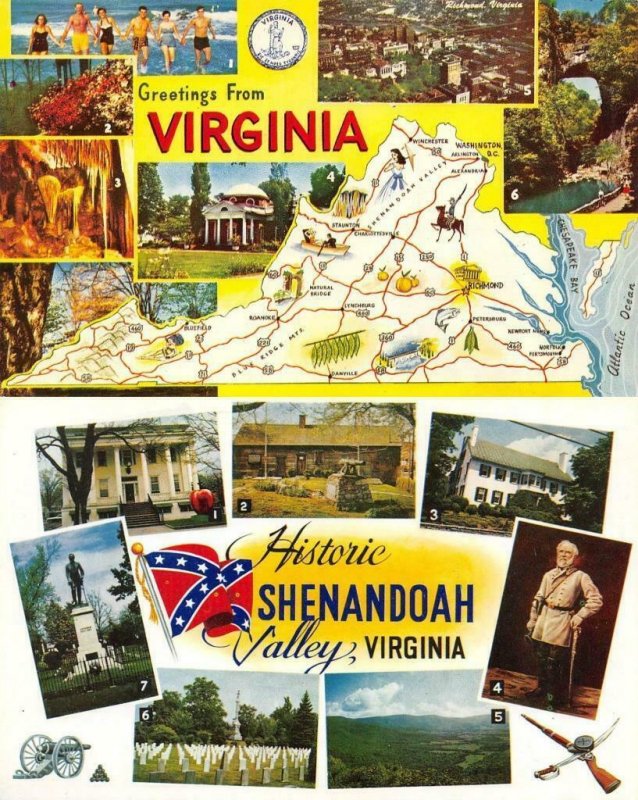 Virginia VA   MAP CARD & SHENANDOAH VALLEY Civil War Sites  *2* Chrome Postcards