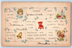 1929 Jessie Wood Sunday School Attendance Reminder Puzzle Batavia NY Postcard