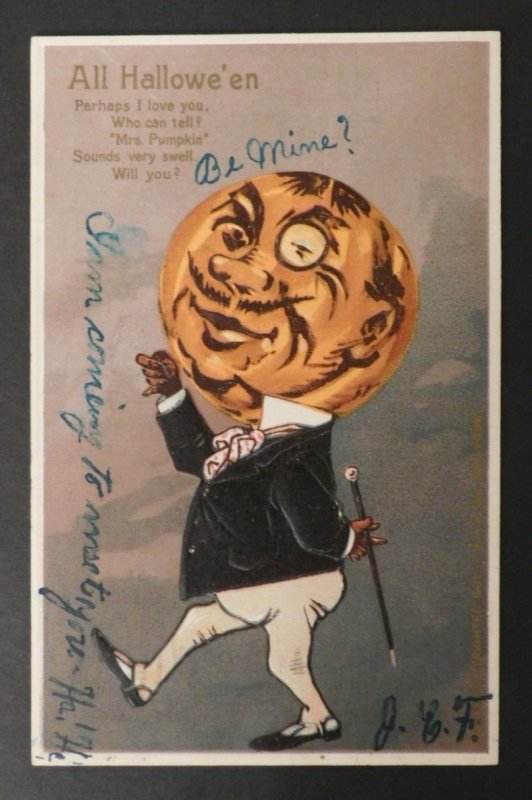 1907 All Hallowe'en (Halloween) Jack O'Lantern Postcard from Lebanon, PA to DC