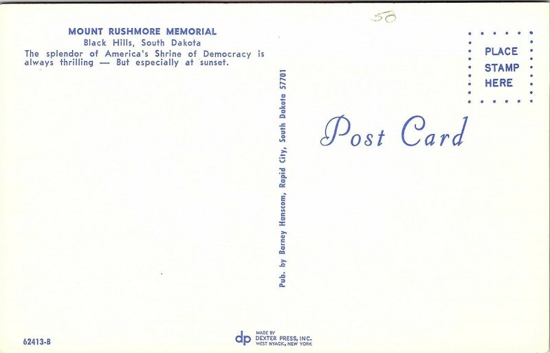Postcard~Mount Rushmore~Black Hills, South Dakota~Vintage~A96 
