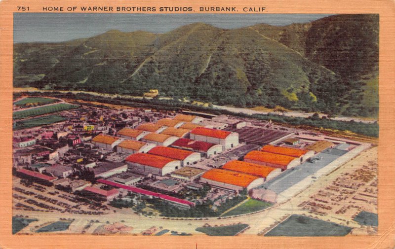 Warner Brothers Studios, Burbank, California, Early Linen Postcard, Used in 1950